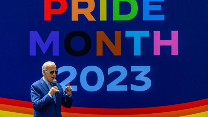 President Joe Biden speaks at the "pride month" celebration on the South Lawn of the White House on June 10 in Washington, D.C.